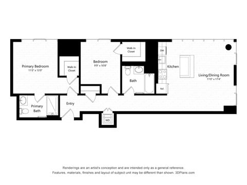 Floor plan for 2 beds, 2 baths, 1002 sqft